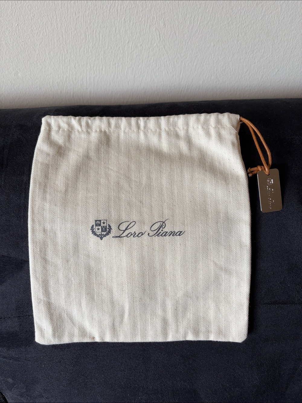 Loro Piana Cream Canvas Drawstring Pouch with Navy Logo